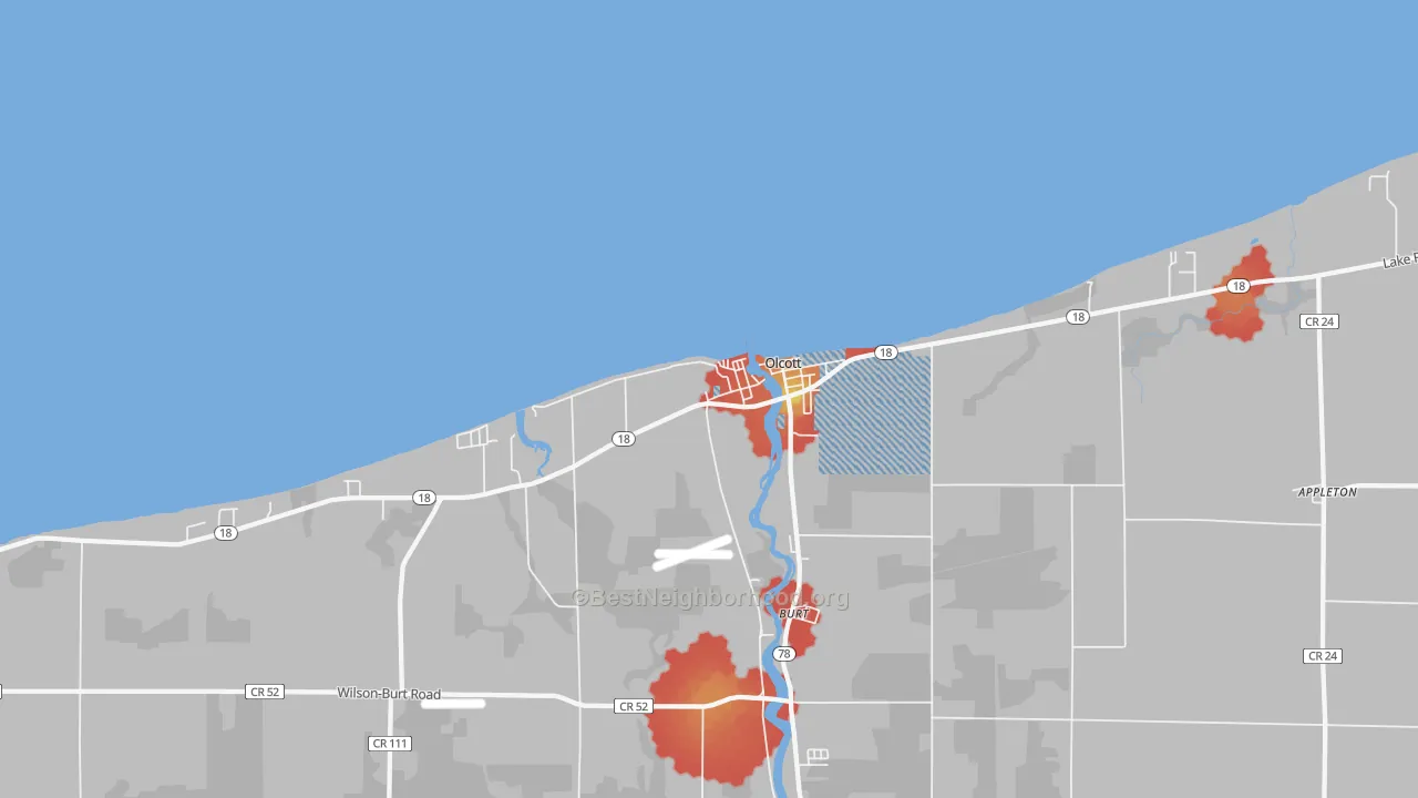 Walk Grade map of 14126, NY, walkable areas in green and car-dependent areas in red