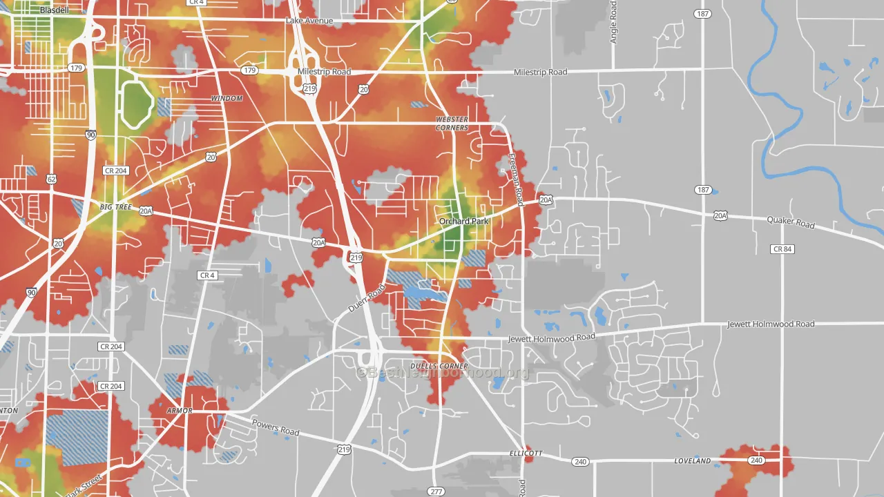 Walk Grade map of 14127, NY, walkable areas in green and car-dependent areas in red