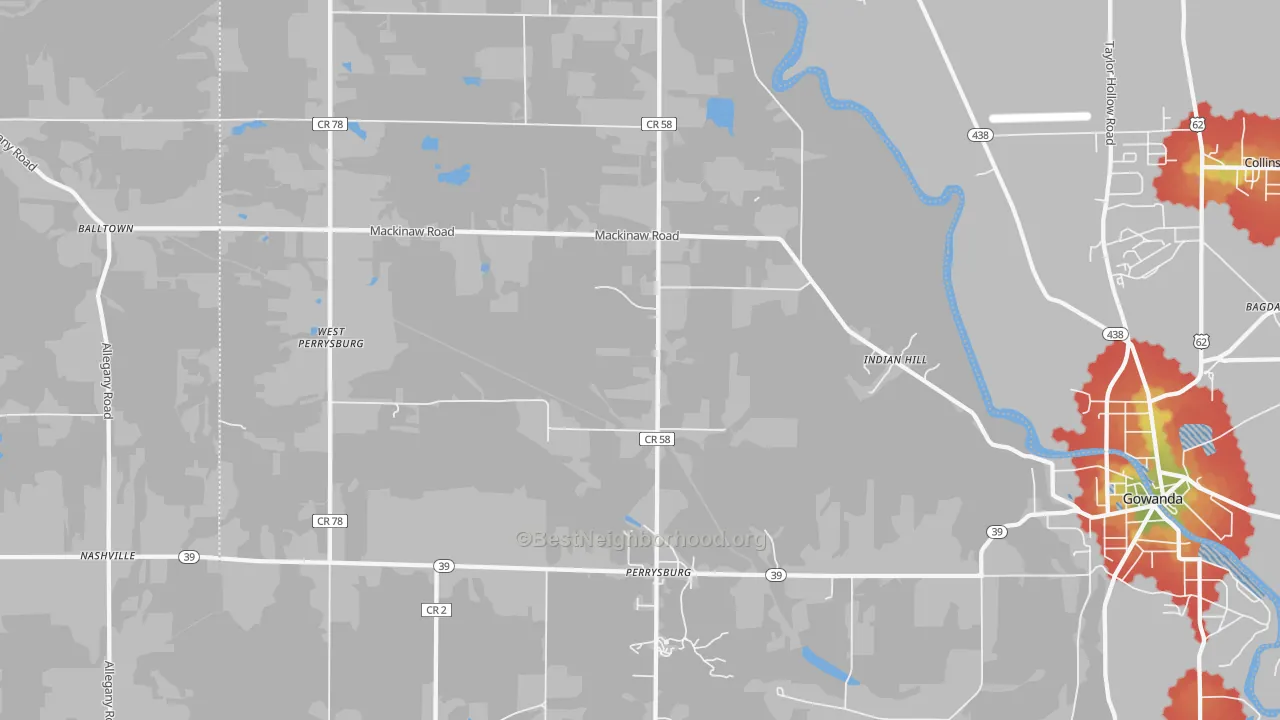 Walk Grade map of 14129, NY, walkable areas in green and car-dependent areas in red