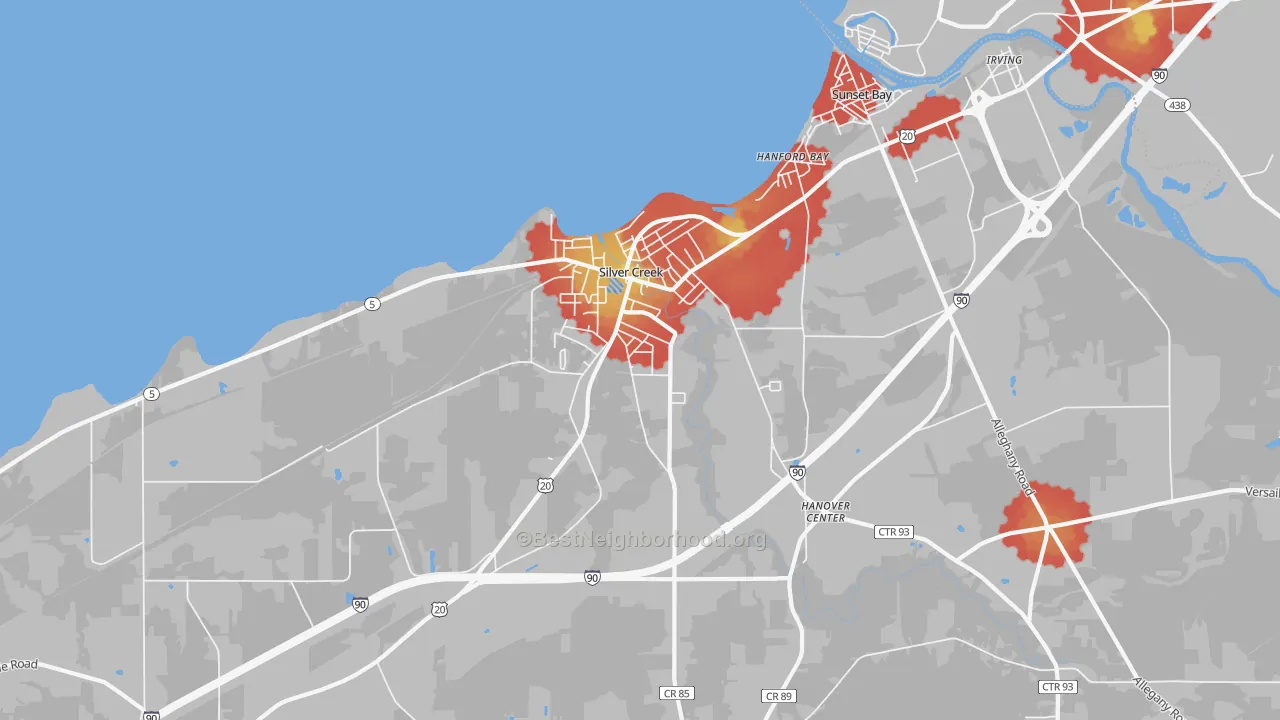 Walk Grade map of 14136, NY, walkable areas in green and car-dependent areas in red