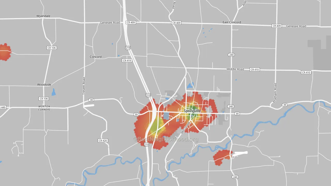 Walk Grade map of 14141, NY, walkable areas in green and car-dependent areas in red