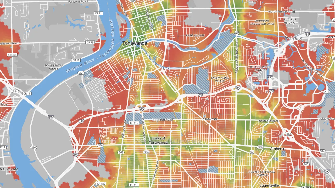 Walk Grade map of 14150, NY, walkable areas in green and car-dependent areas in red