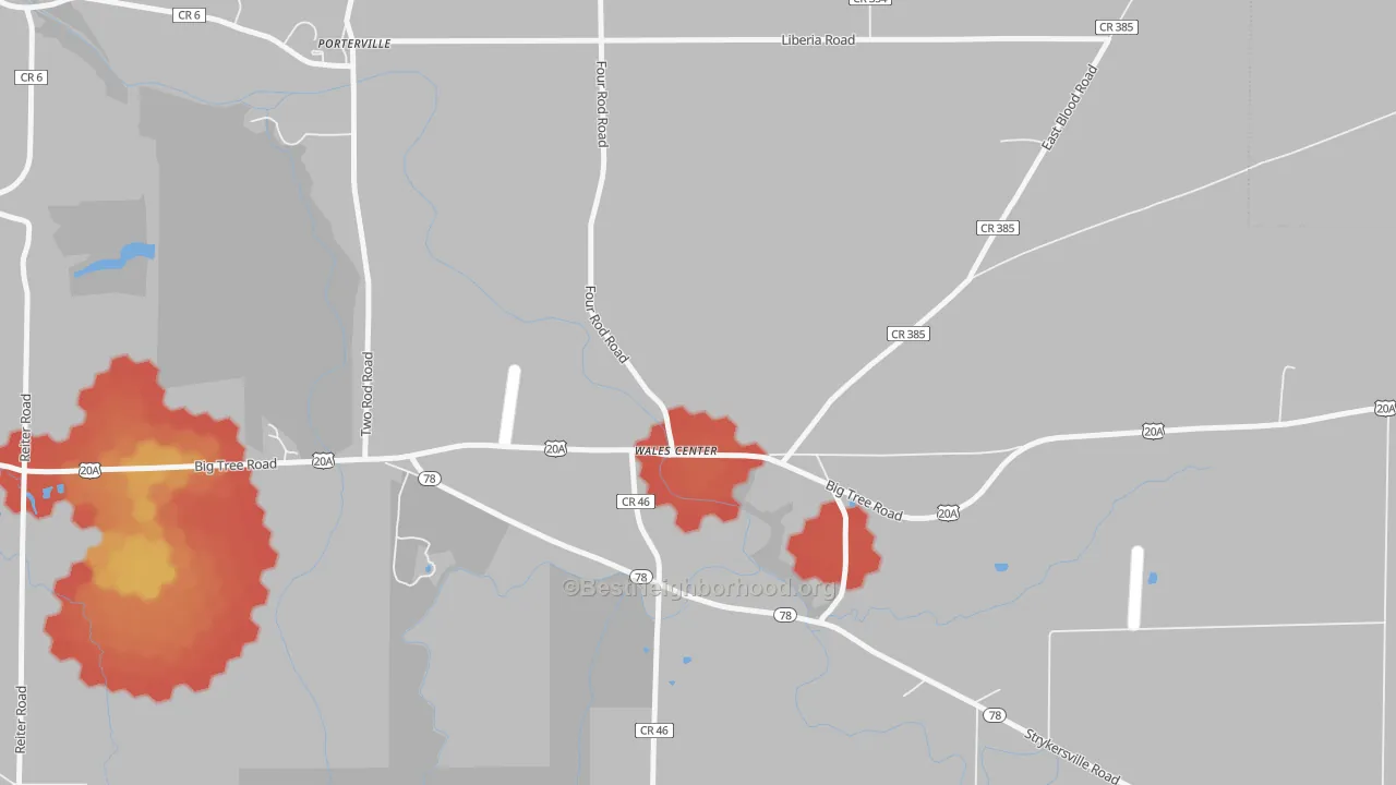 Walk Grade map of 14169, NY, walkable areas in green and car-dependent areas in red