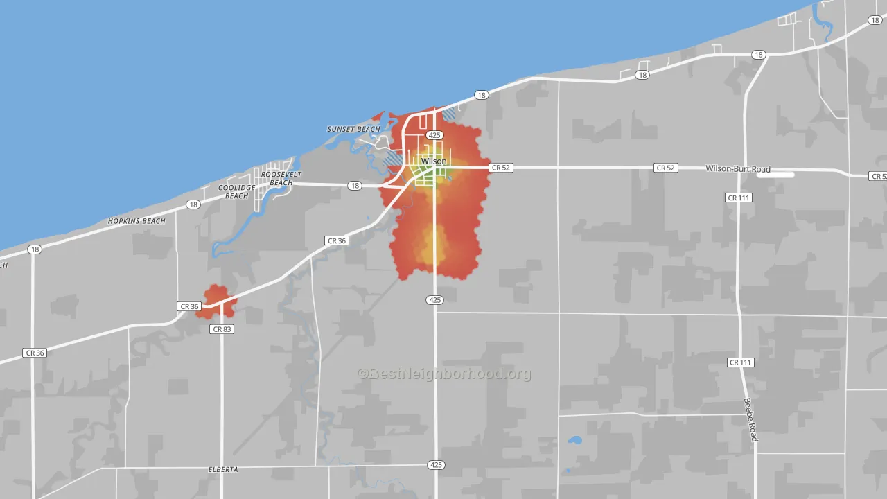 Walk Grade map of 14172, NY, walkable areas in green and car-dependent areas in red