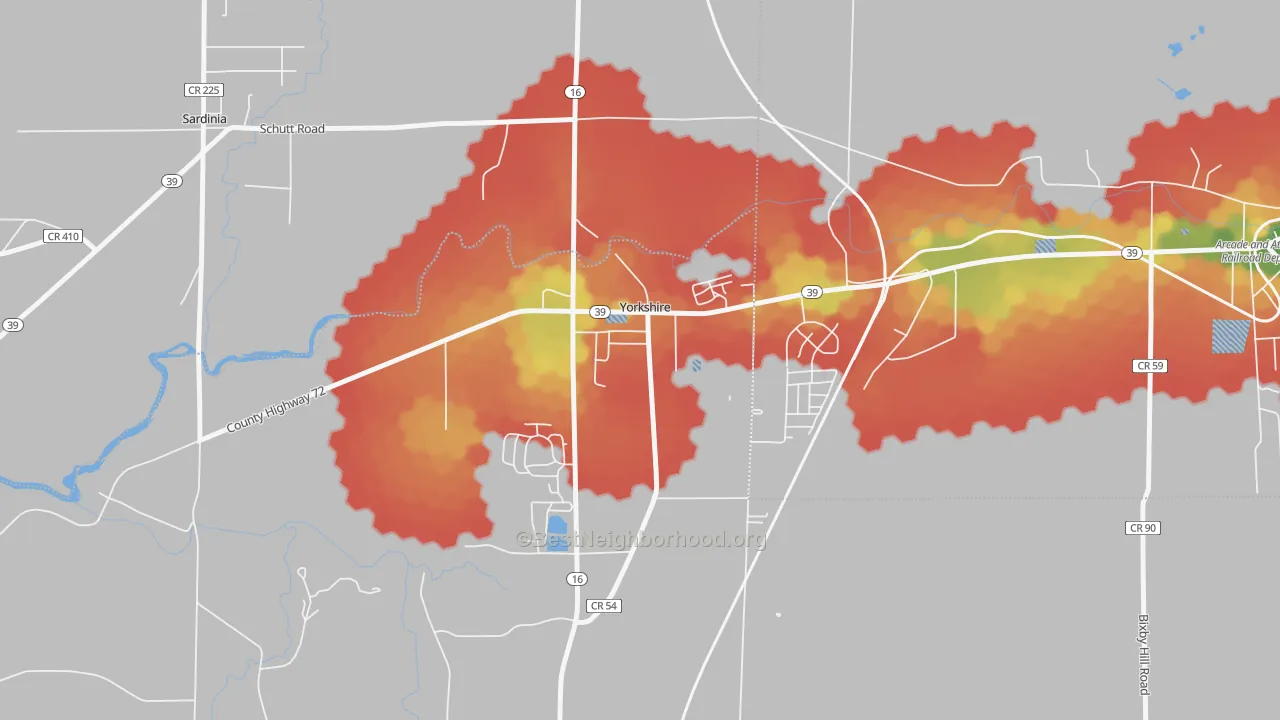 Walk Grade map of 14173, NY, walkable areas in green and car-dependent areas in red