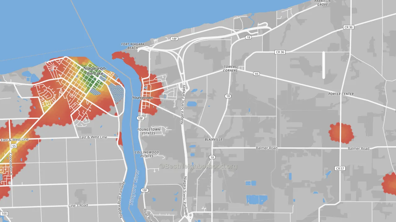 Walk Grade map of 14174, NY, walkable areas in green and car-dependent areas in red