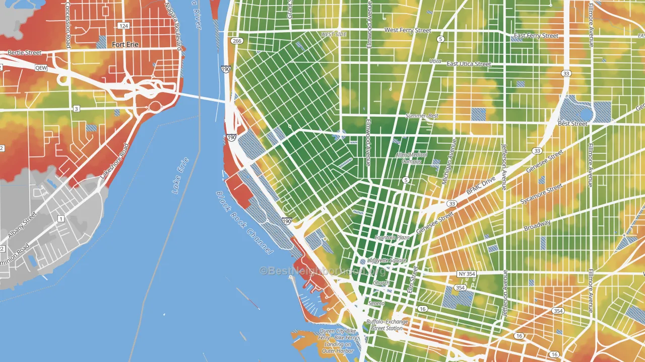 Walk Grade map of 14201, NY, walkable areas in green and car-dependent areas in red