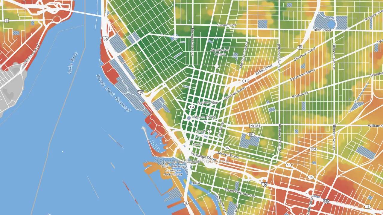 Walk Grade map of 14202, NY, walkable areas in green and car-dependent areas in red