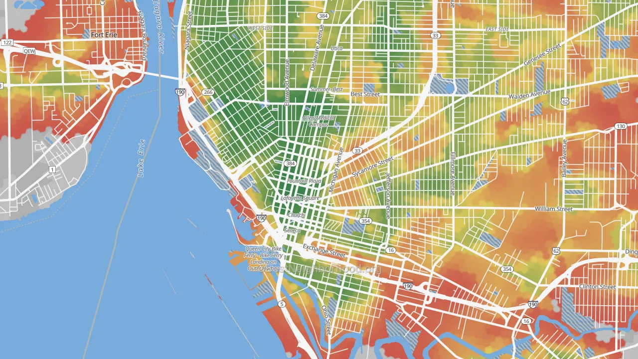 Walk Grade map of 14203, NY, walkable areas in green and car-dependent areas in red