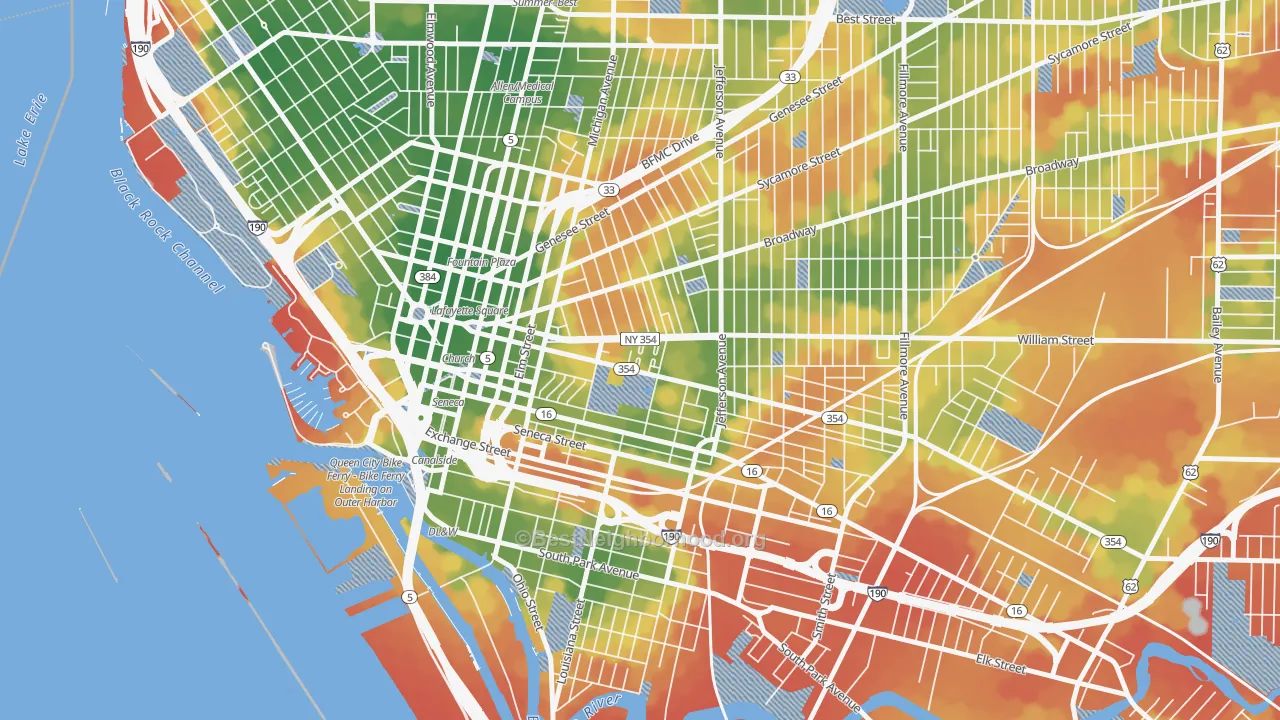 Walk Grade map of 14204, NY, walkable areas in green and car-dependent areas in red