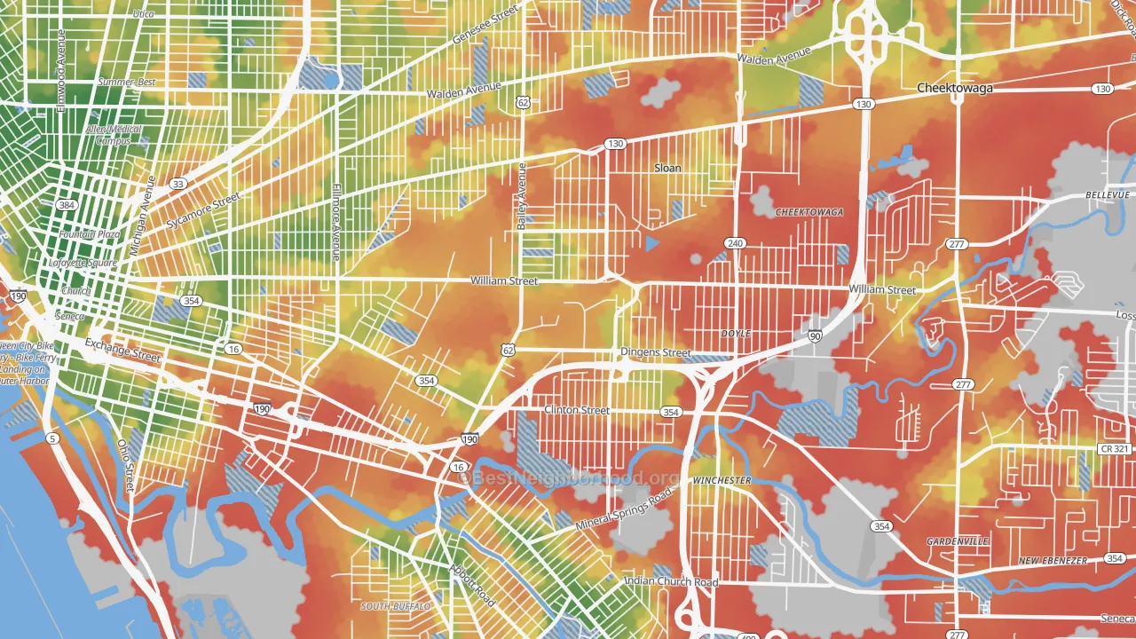 Walk Grade map of 14206, NY, walkable areas in green and car-dependent areas in red