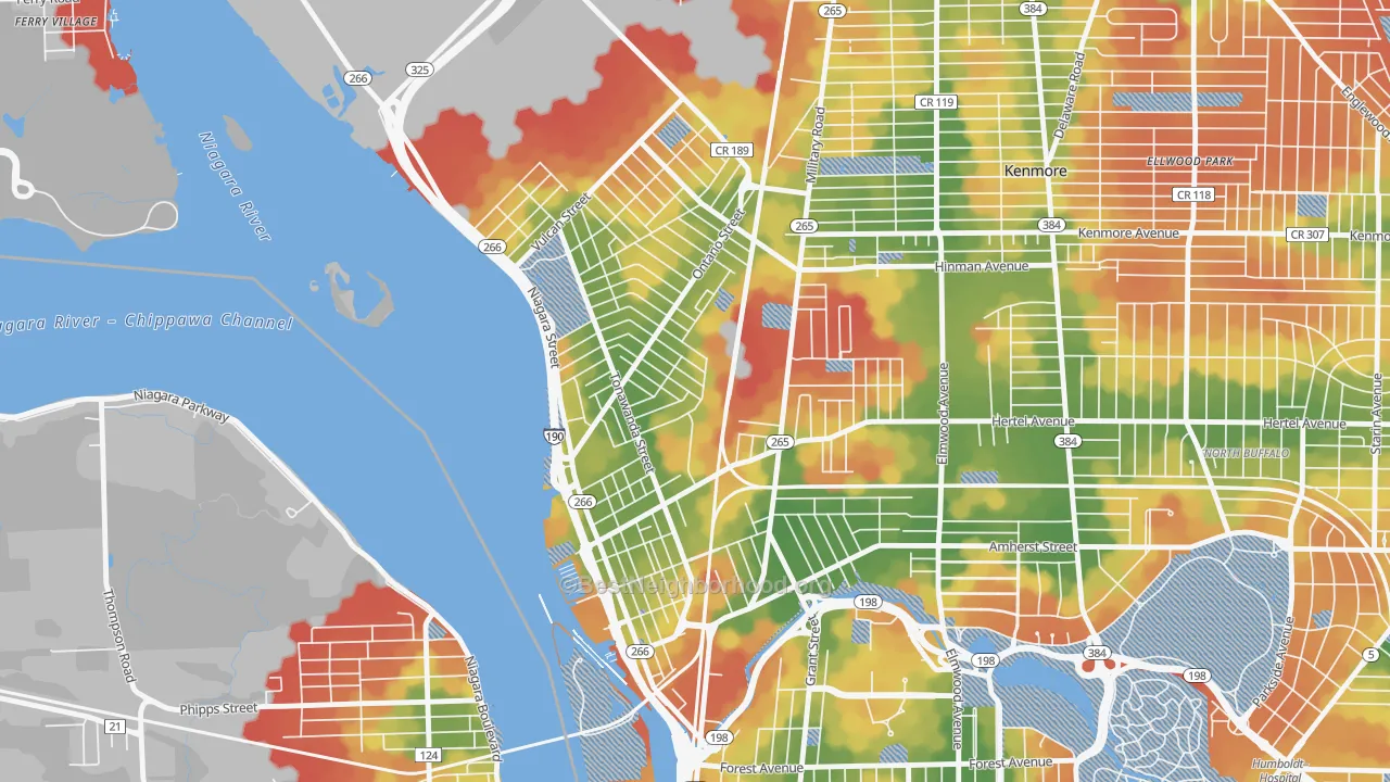 Walk Grade map of 14207, NY, walkable areas in green and car-dependent areas in red