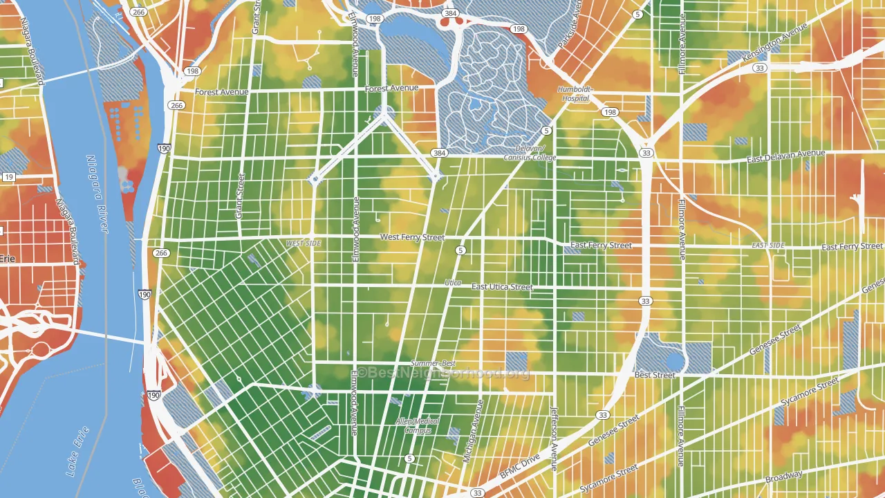 Walk Grade map of 14209, NY, walkable areas in green and car-dependent areas in red