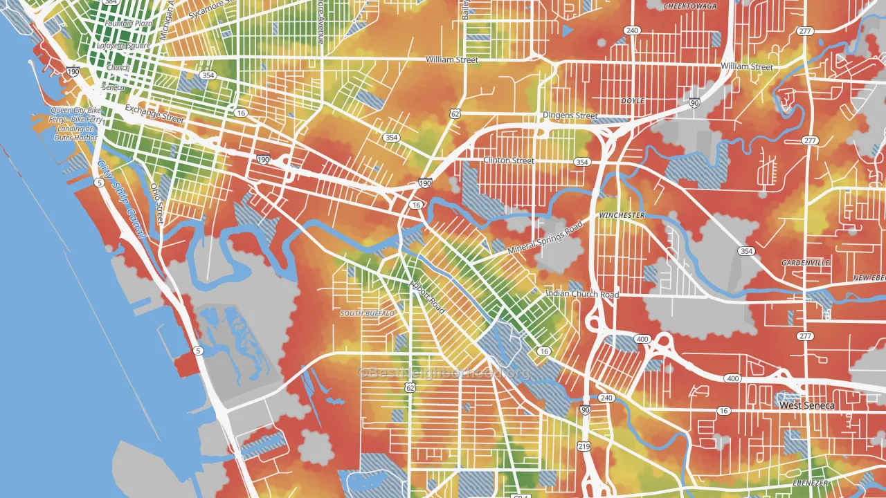Walk Grade map of 14210, NY, walkable areas in green and car-dependent areas in red