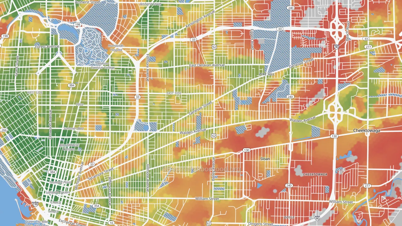 Walk Grade map of 14211, NY, walkable areas in green and car-dependent areas in red