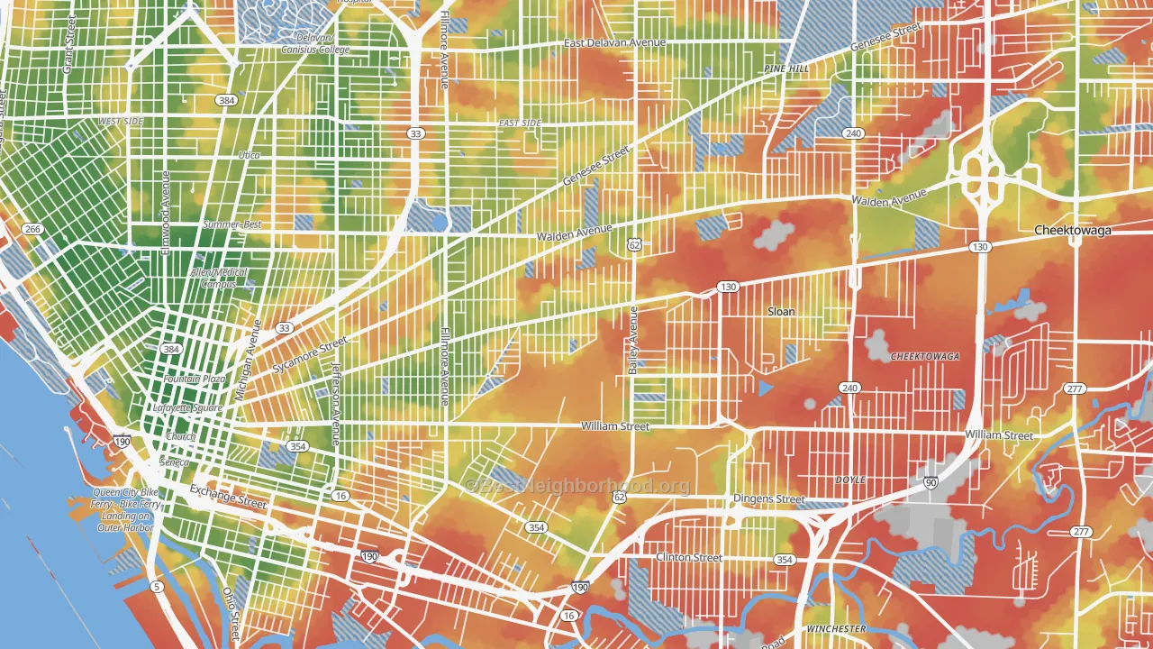 Walk Grade map of 14212, NY, walkable areas in green and car-dependent areas in red