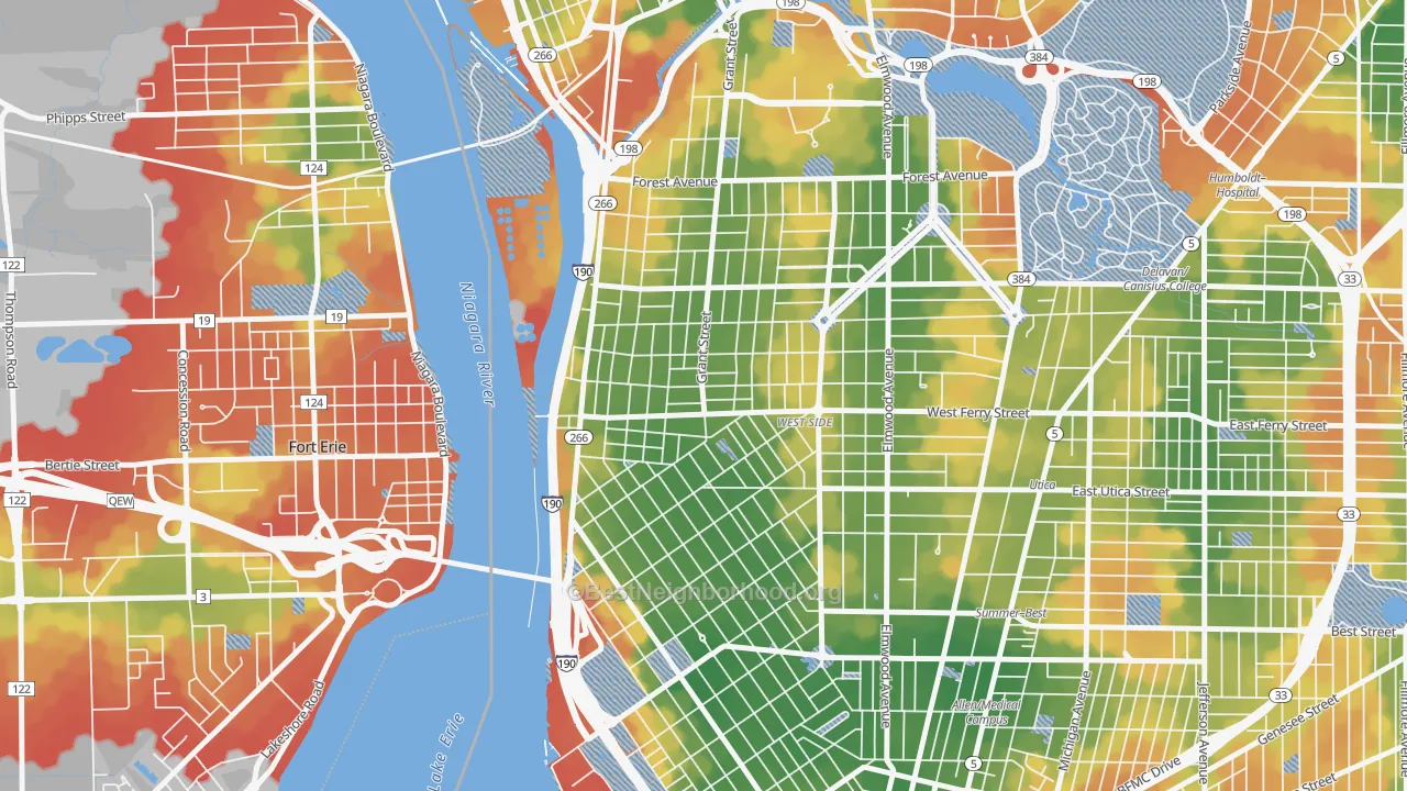 Walk Grade map of 14213, NY, walkable areas in green and car-dependent areas in red