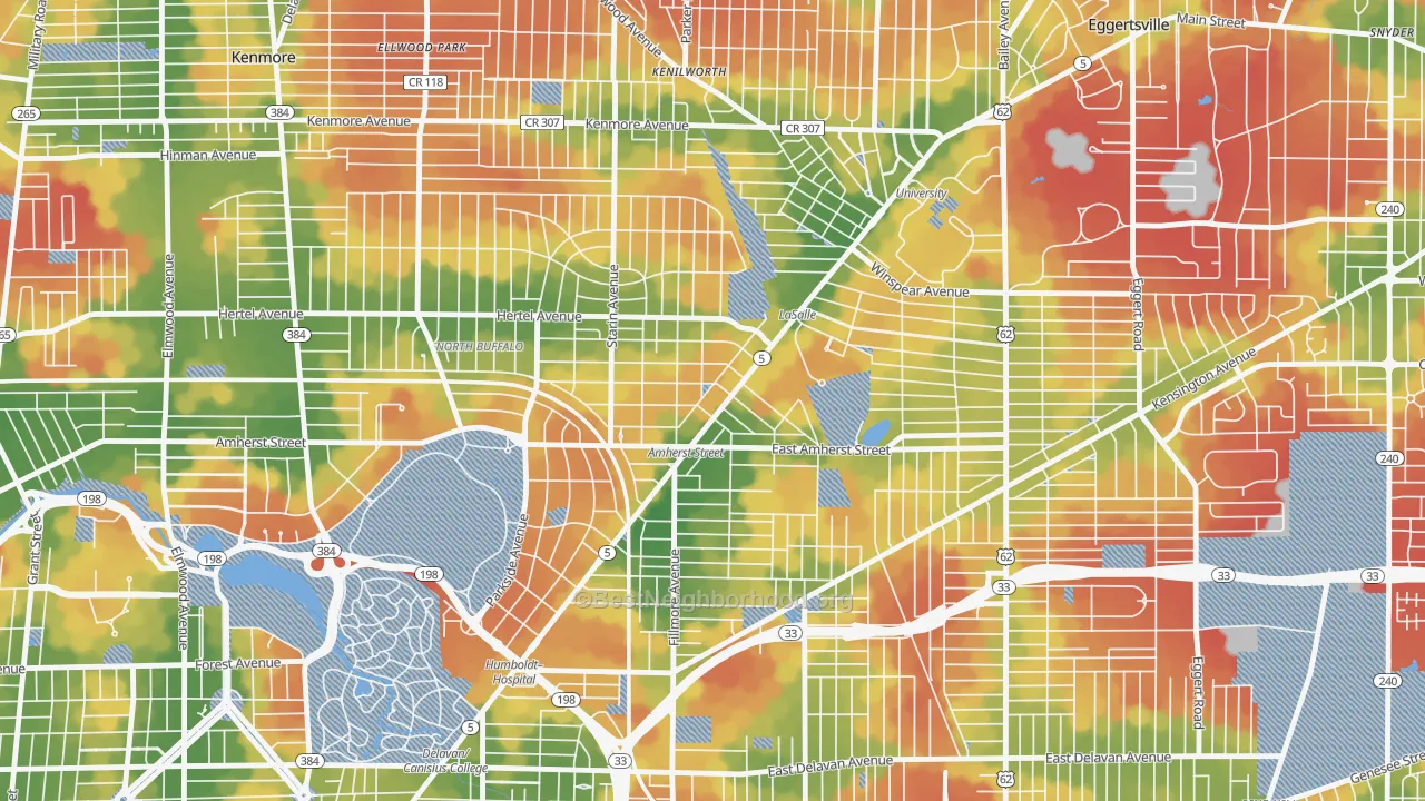 Walk Grade map of 14214, NY, walkable areas in green and car-dependent areas in red