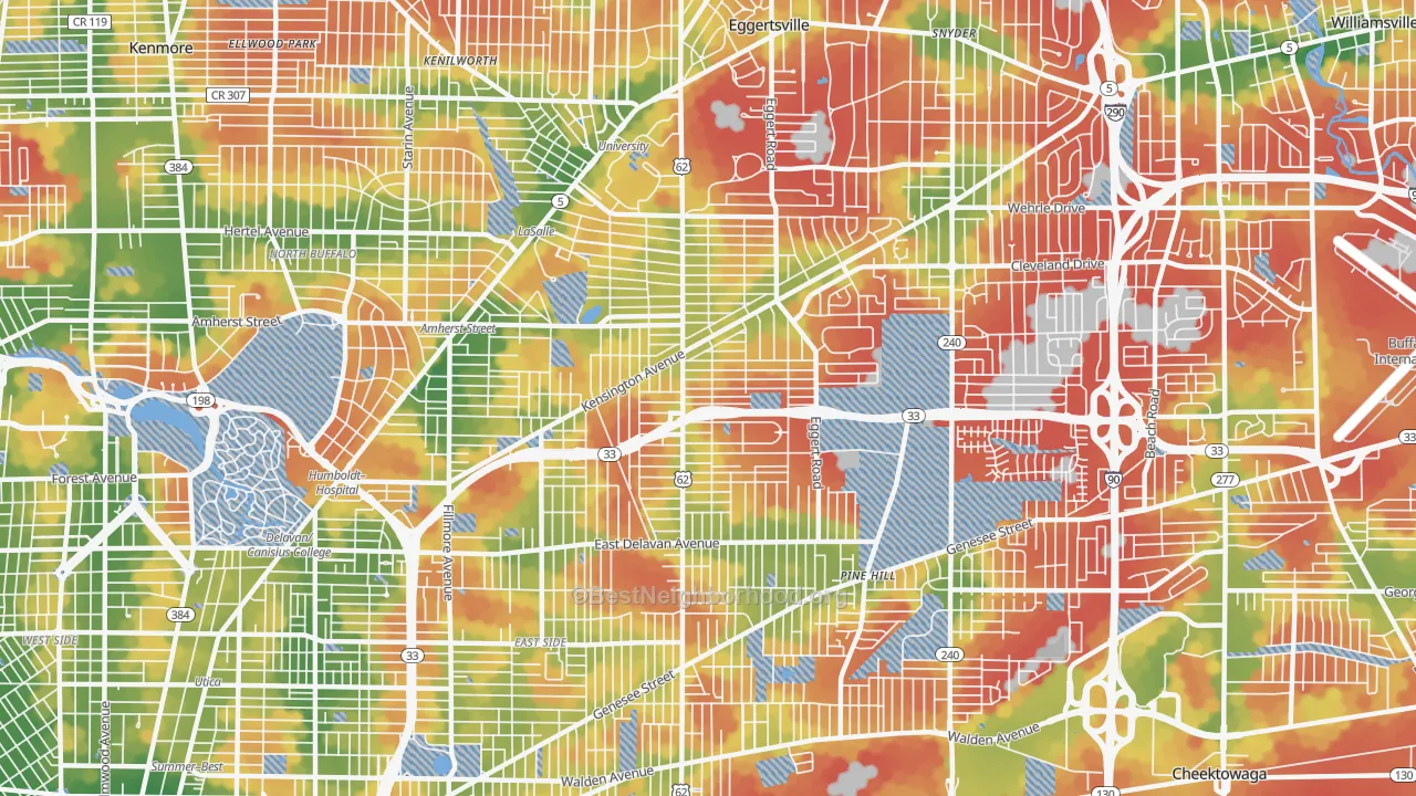 Walk Grade map of 14215, NY, walkable areas in green and car-dependent areas in red