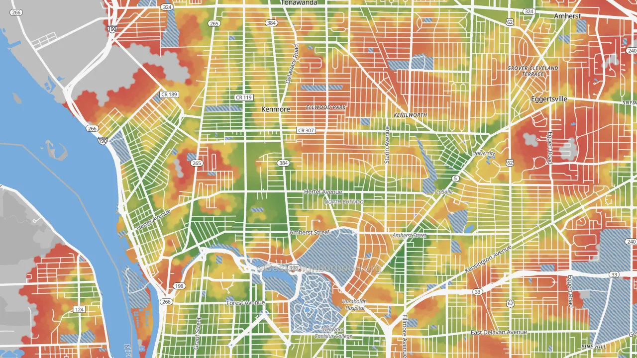 Walk Grade map of 14216, NY, walkable areas in green and car-dependent areas in red