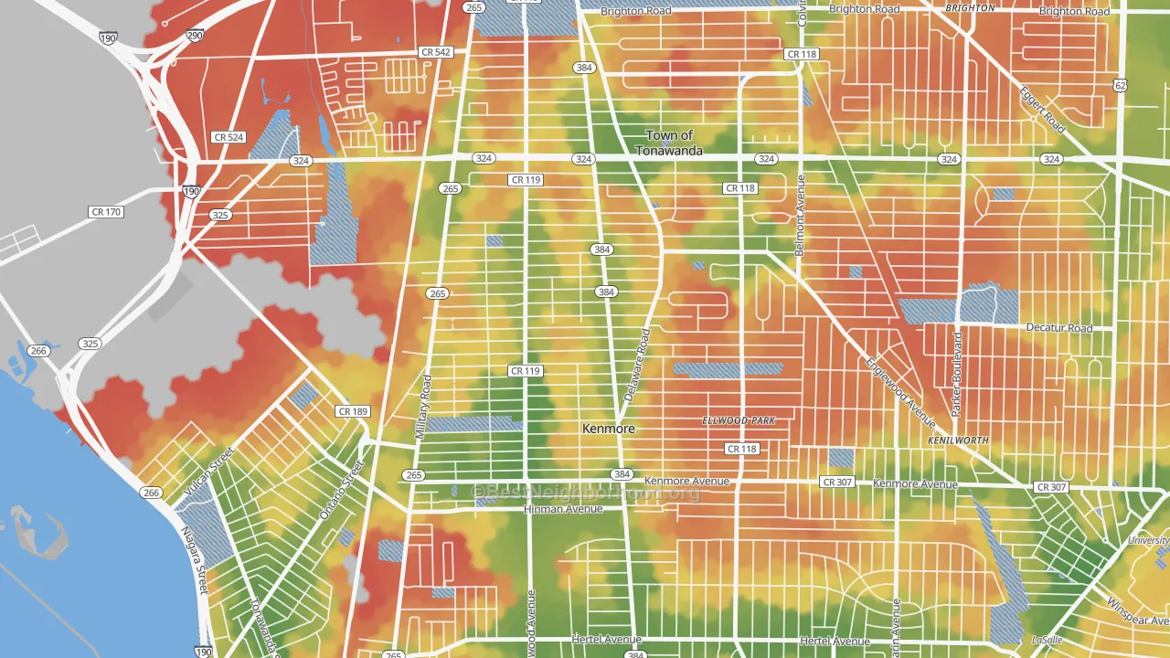 Walk Grade map of 14217, NY, walkable areas in green and car-dependent areas in red