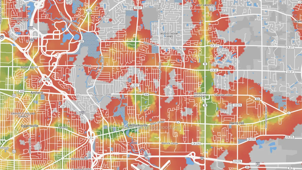 Walk Grade map of 14221, NY, walkable areas in green and car-dependent areas in red