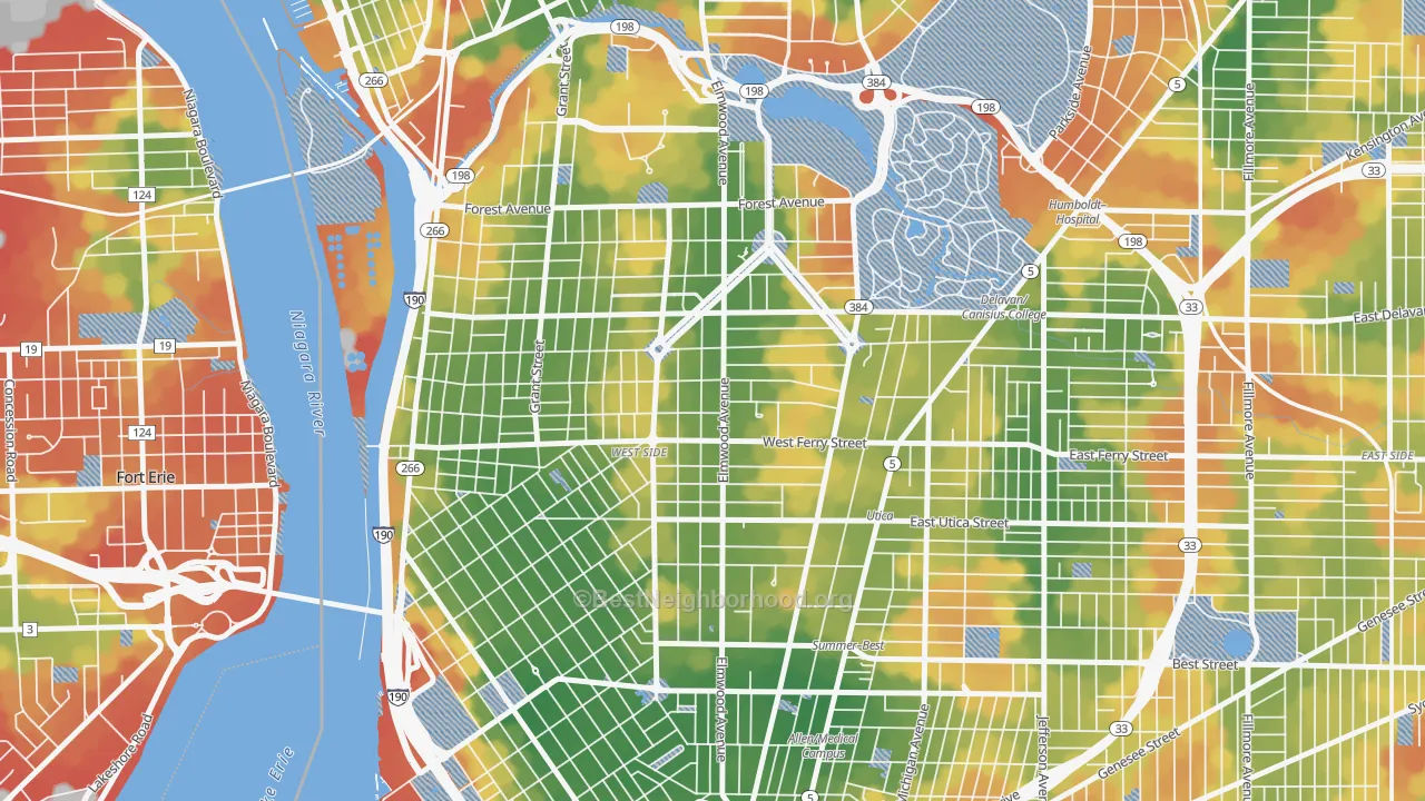 Walk Grade map of 14222, NY, walkable areas in green and car-dependent areas in red