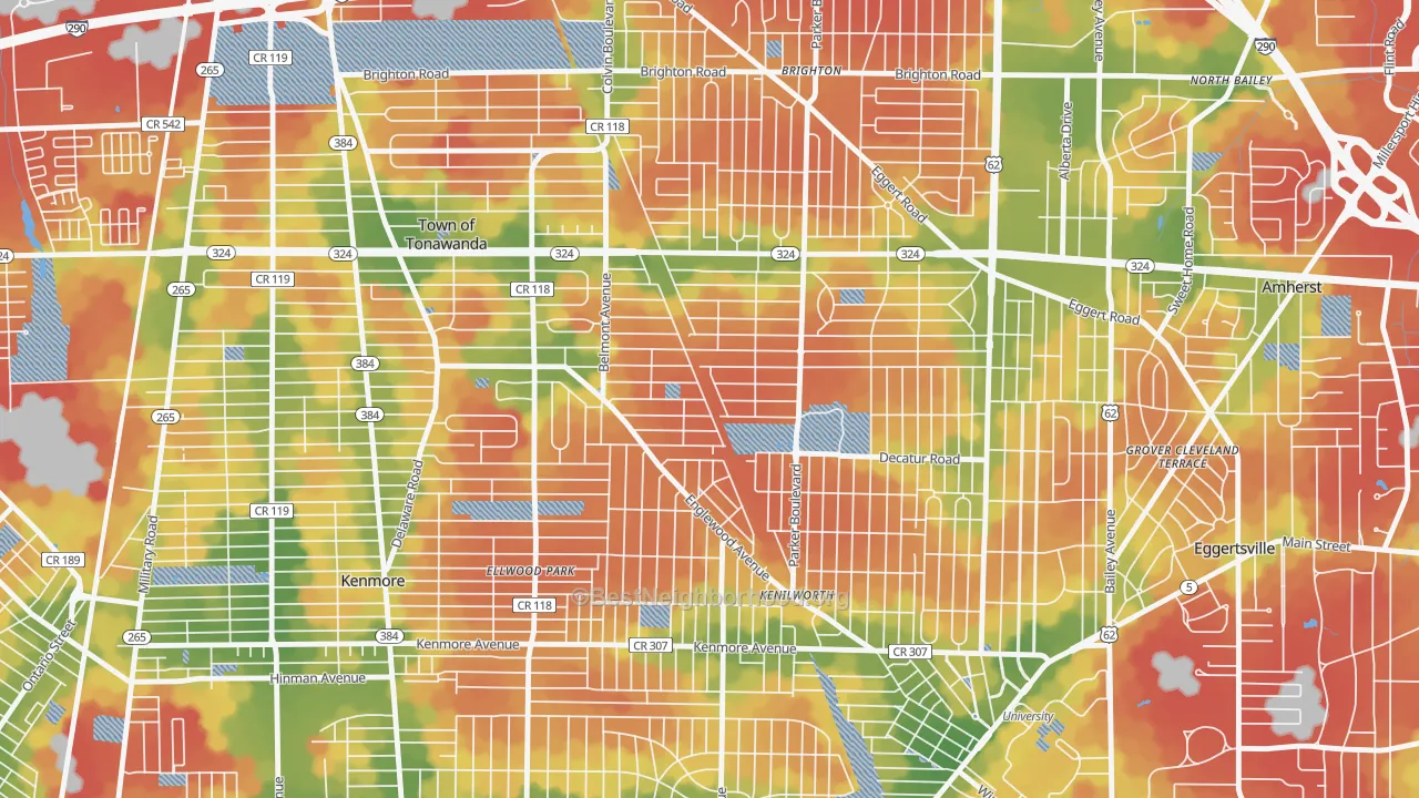 Walk Grade map of 14223, NY, walkable areas in green and car-dependent areas in red