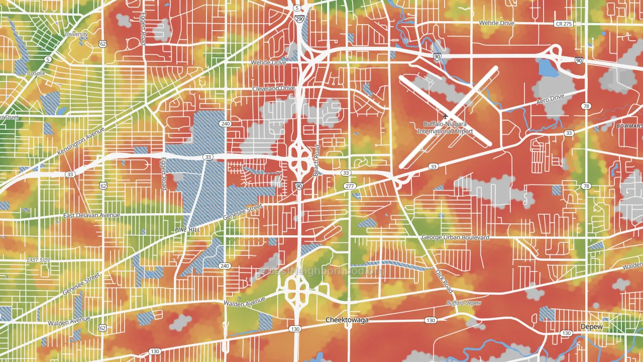Walk Grade map of 14225, NY, walkable areas in green and car-dependent areas in red