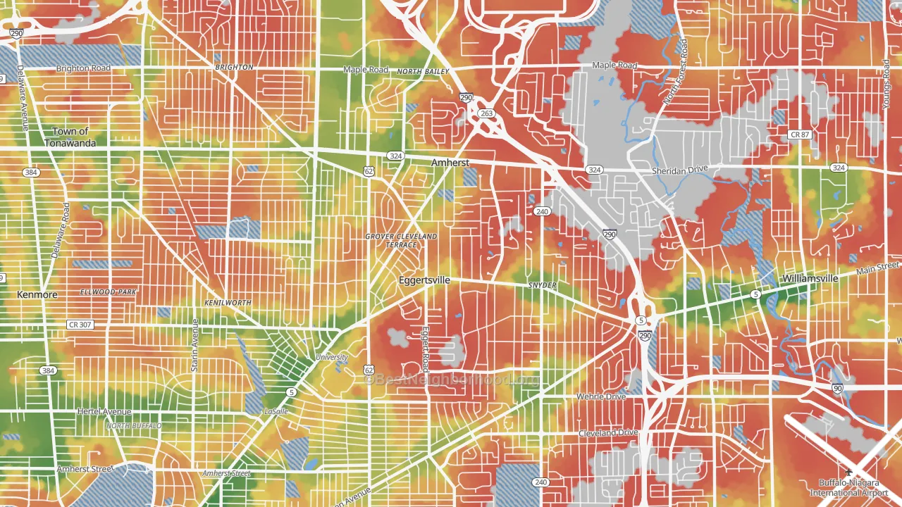 Walk Grade map of 14226, NY, walkable areas in green and car-dependent areas in red