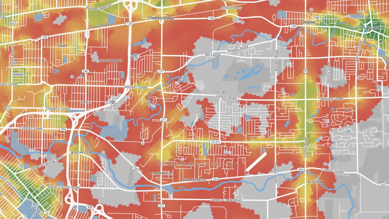 Walk Grade map of 14227, NY, walkable areas in green and car-dependent areas in red