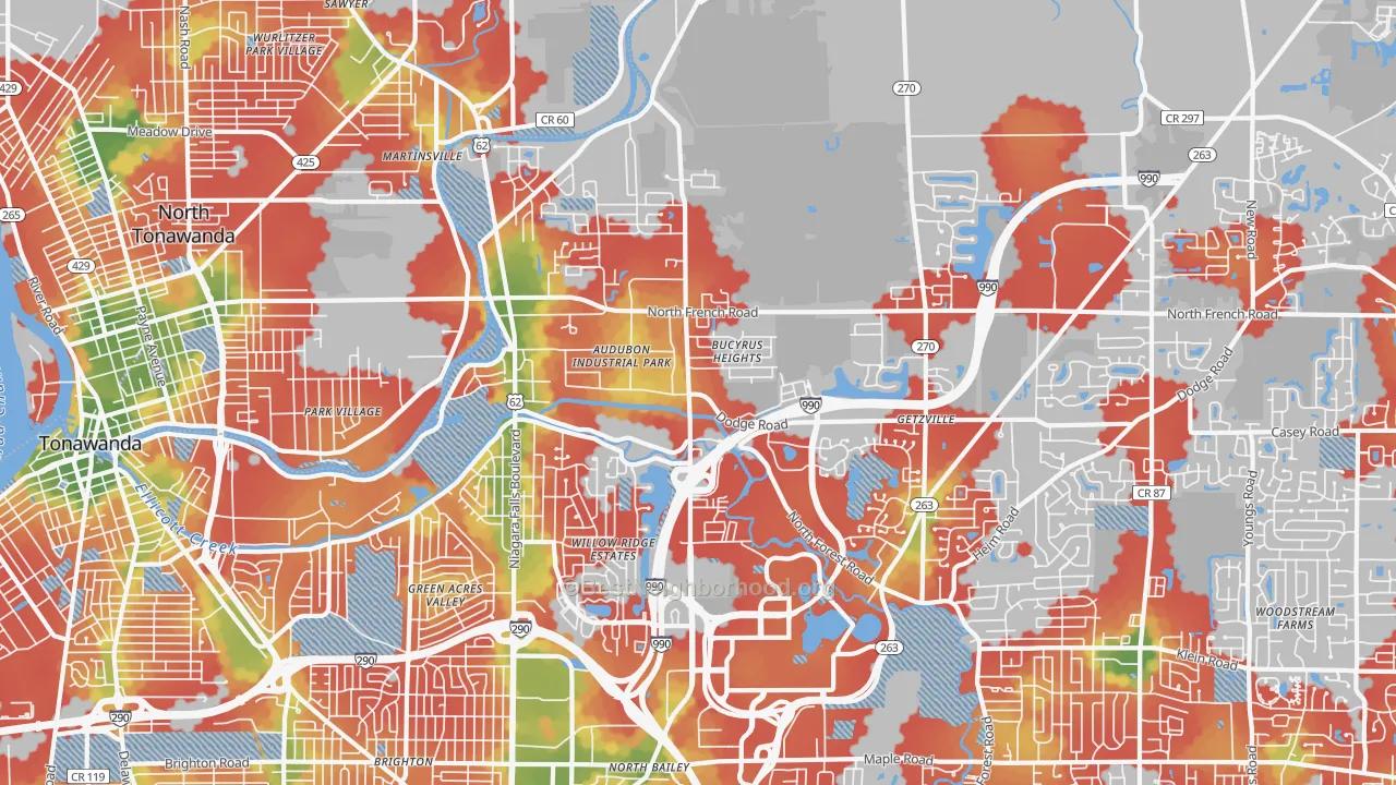 Walk Grade map of 14228, NY, walkable areas in green and car-dependent areas in red