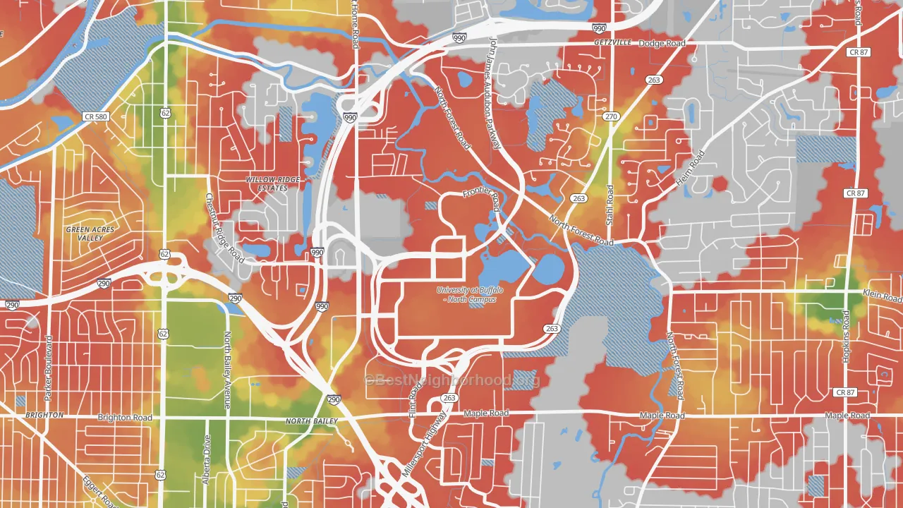 Walk Grade map of 14261, NY, walkable areas in green and car-dependent areas in red