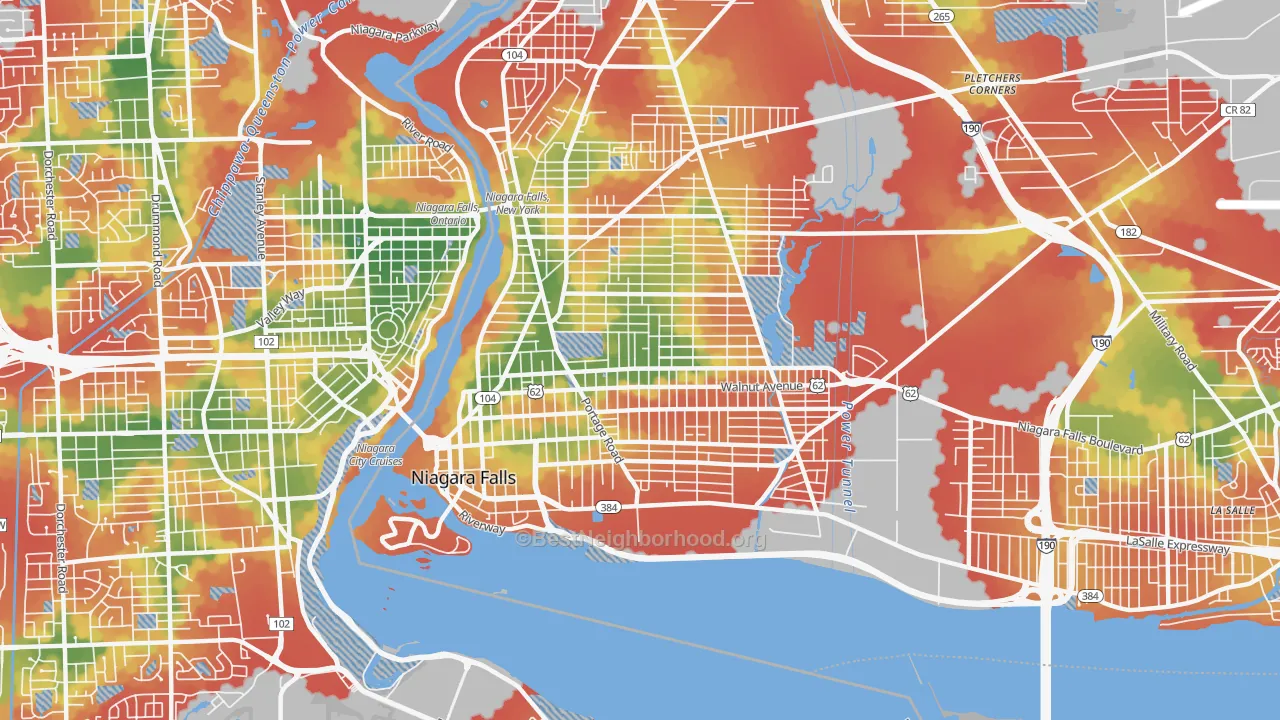 Walk Grade map of 14301, NY, walkable areas in green and car-dependent areas in red
