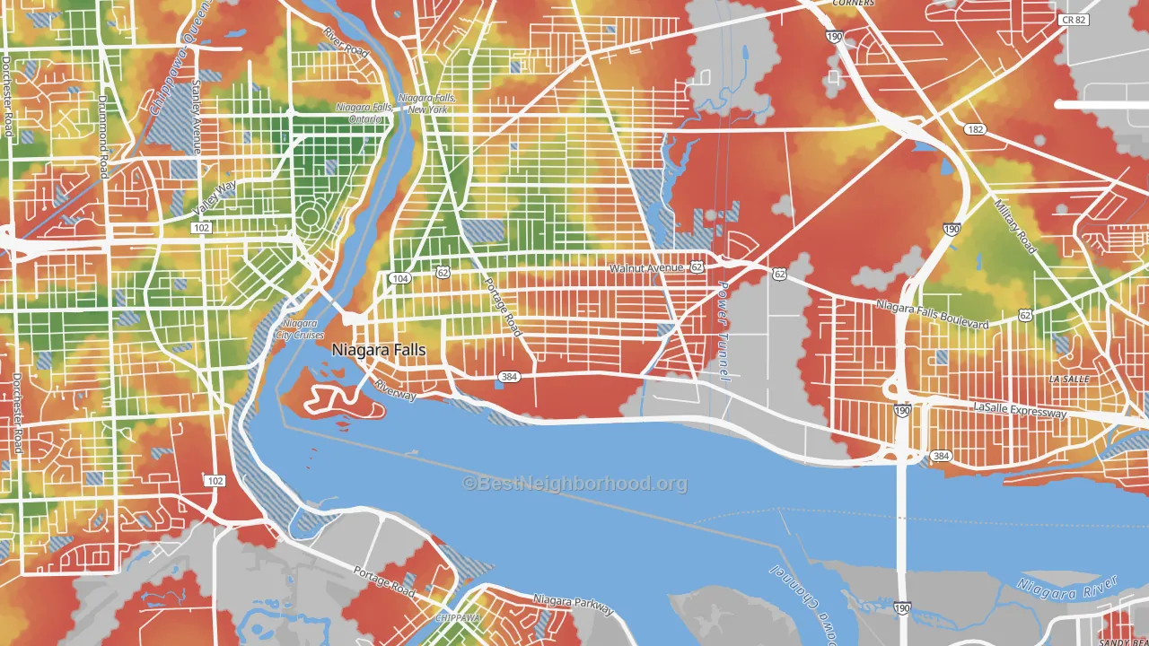 Walk Grade map of 14303, NY, walkable areas in green and car-dependent areas in red