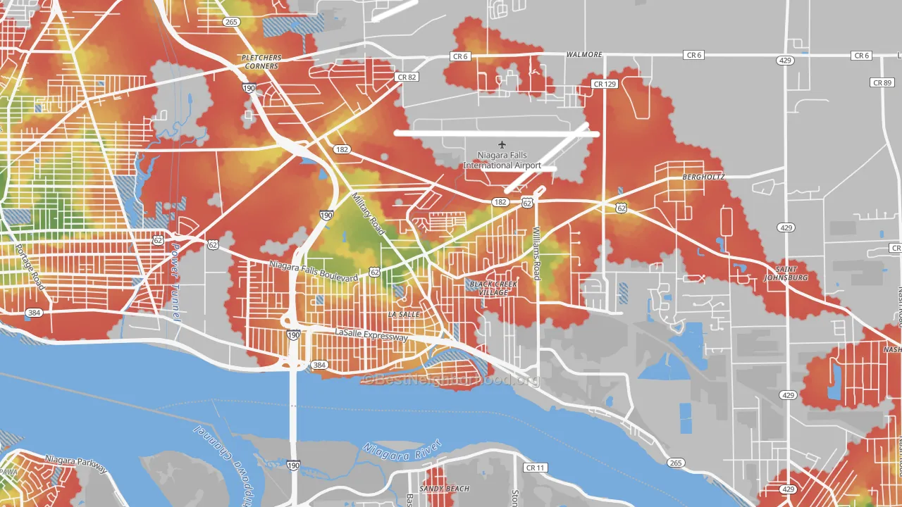 Walk Grade map of 14304, NY, walkable areas in green and car-dependent areas in red