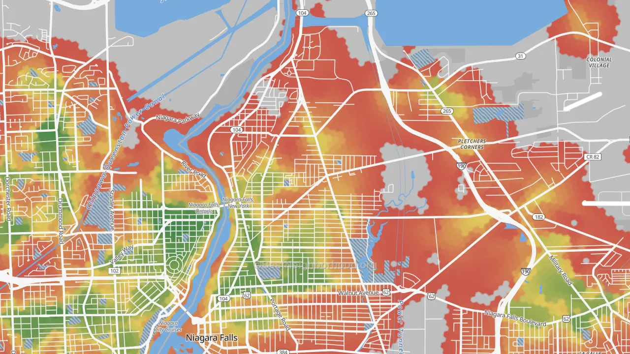 Walk Grade map of 14305, NY, walkable areas in green and car-dependent areas in red