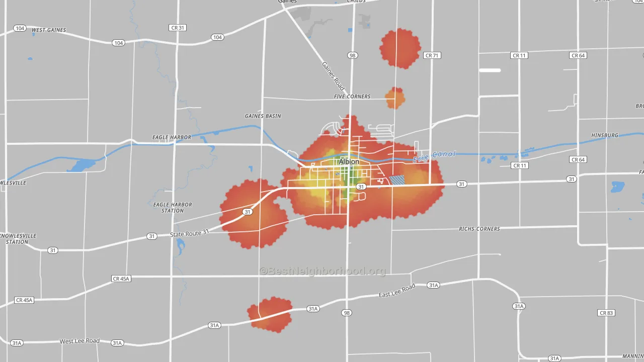 Walk Grade map of 14411, NY, walkable areas in green and car-dependent areas in red