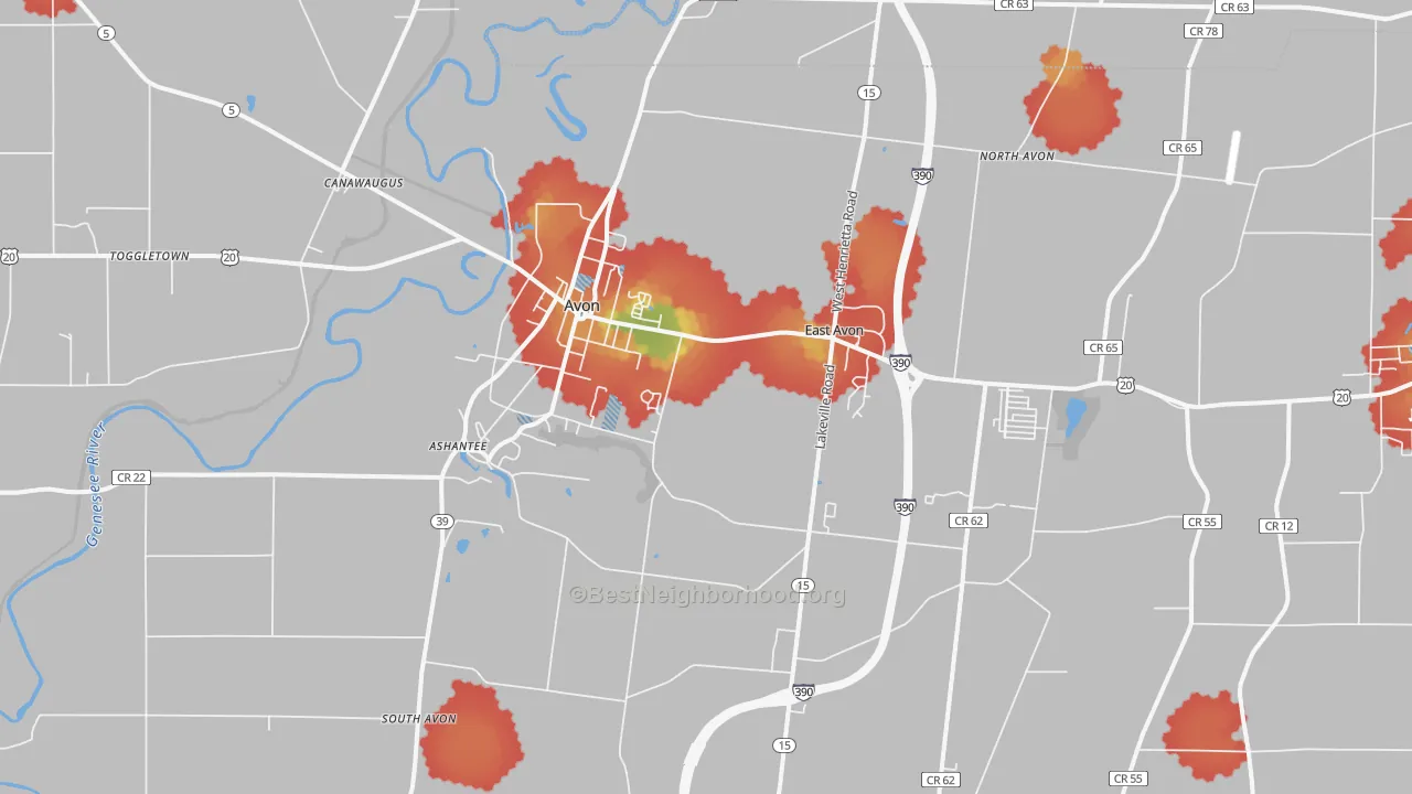 Walk Grade map of 14414, NY, walkable areas in green and car-dependent areas in red