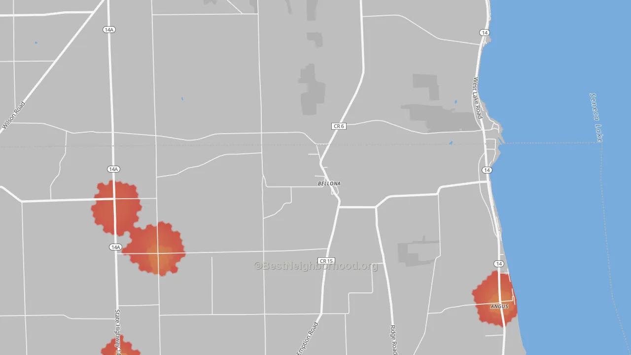 Walk Grade map of 14415, NY, walkable areas in green and car-dependent areas in red