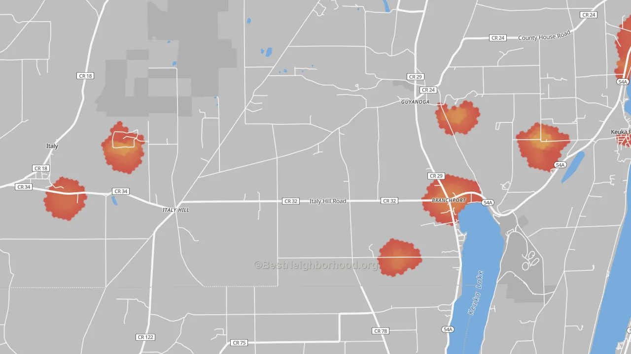Walk Grade map of 14418, NY, walkable areas in green and car-dependent areas in red