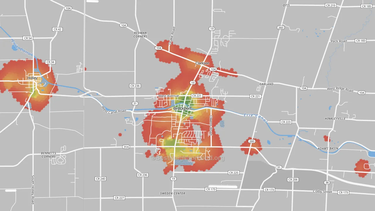 Walk Grade map of 14420, NY, walkable areas in green and car-dependent areas in red