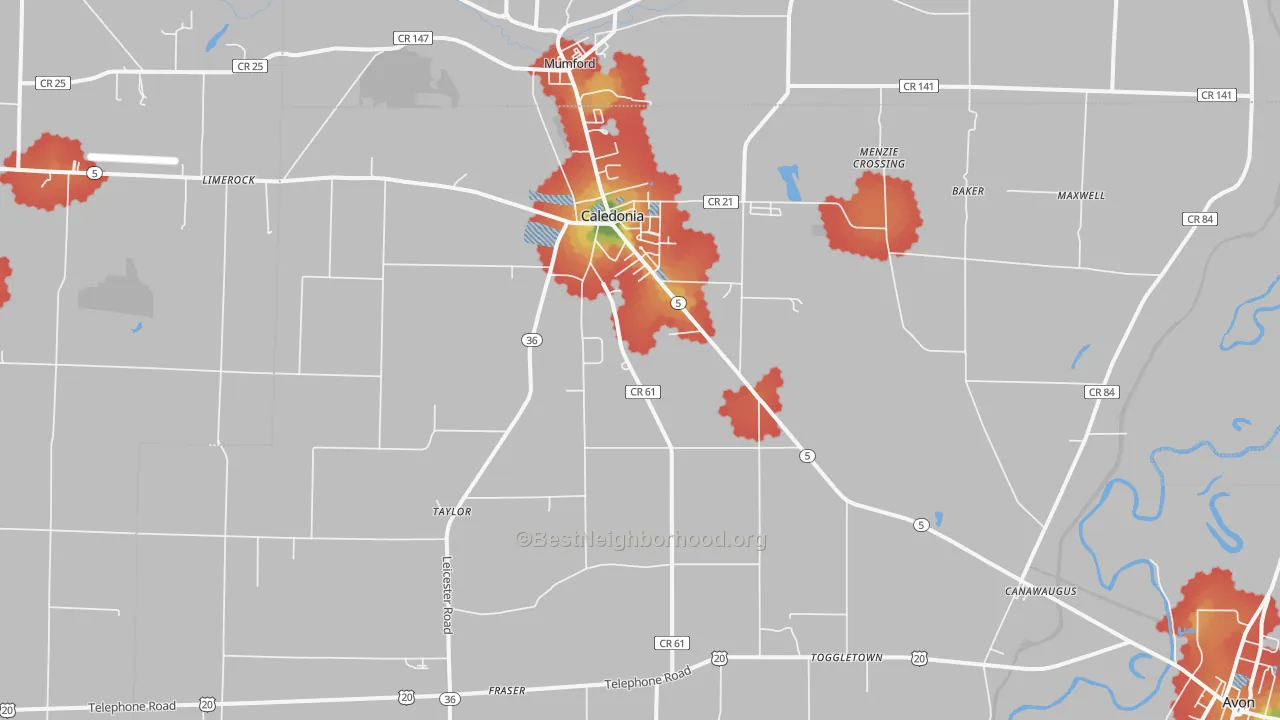 Walk Grade map of 14423, NY, walkable areas in green and car-dependent areas in red
