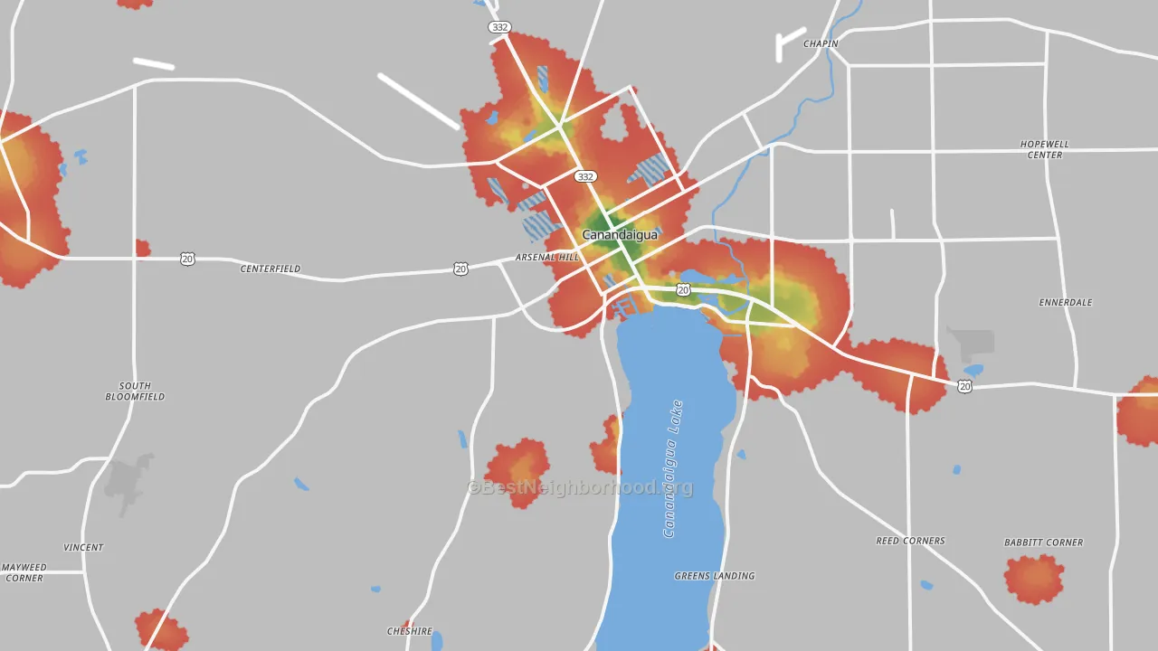 Walk Grade map of 14424, NY, walkable areas in green and car-dependent areas in red