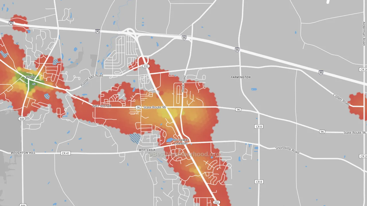 Walk Grade map of 14425, NY, walkable areas in green and car-dependent areas in red