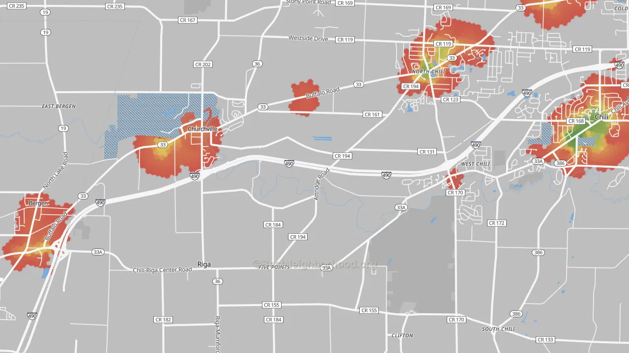 Walk Grade map of 14428, NY, walkable areas in green and car-dependent areas in red