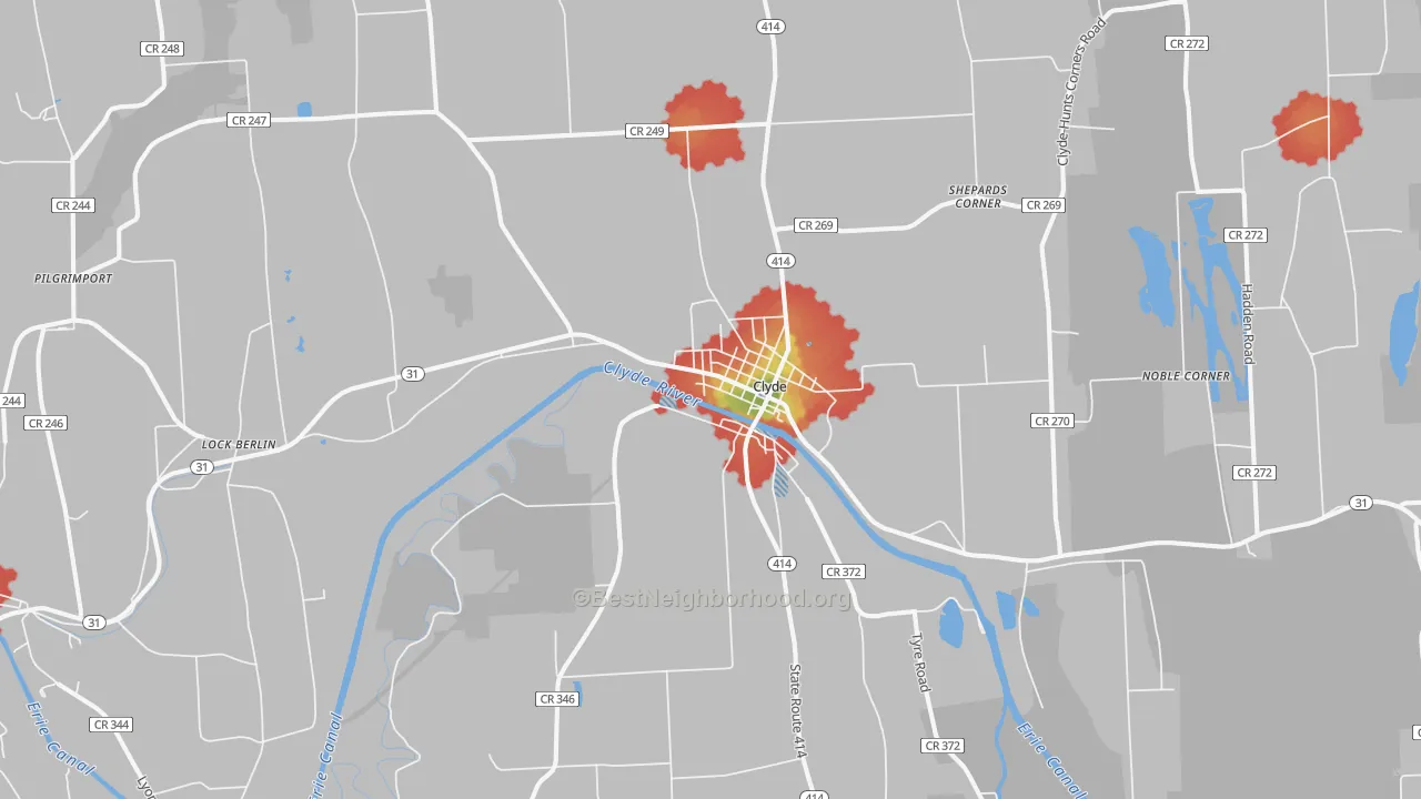 Walk Grade map of 14433, NY, walkable areas in green and car-dependent areas in red