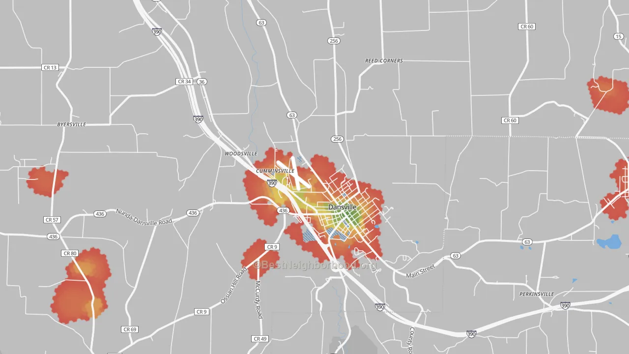 Walk Grade map of 14437, NY, walkable areas in green and car-dependent areas in red