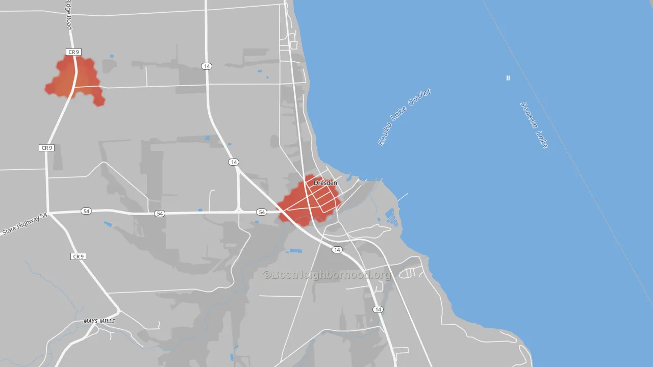 Walk Grade map of 14441, NY, walkable areas in green and car-dependent areas in red