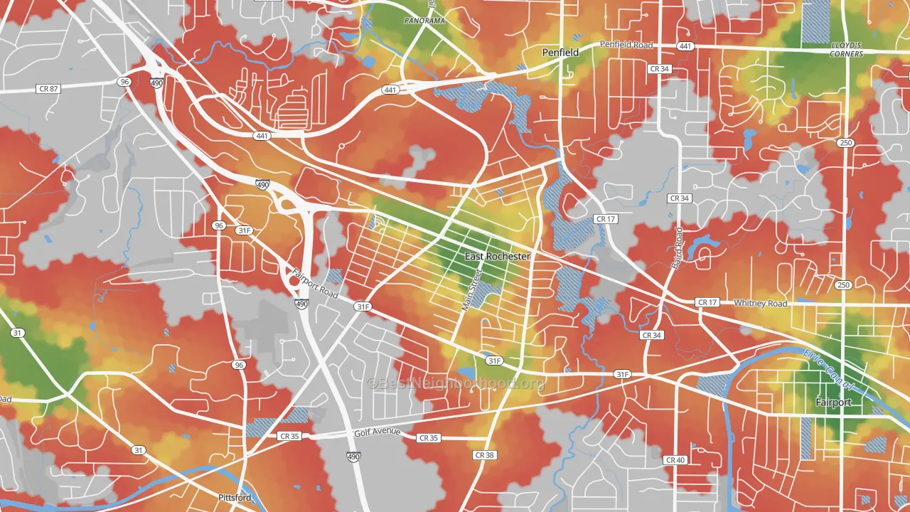 Walk Grade map of 14445, NY, walkable areas in green and car-dependent areas in red